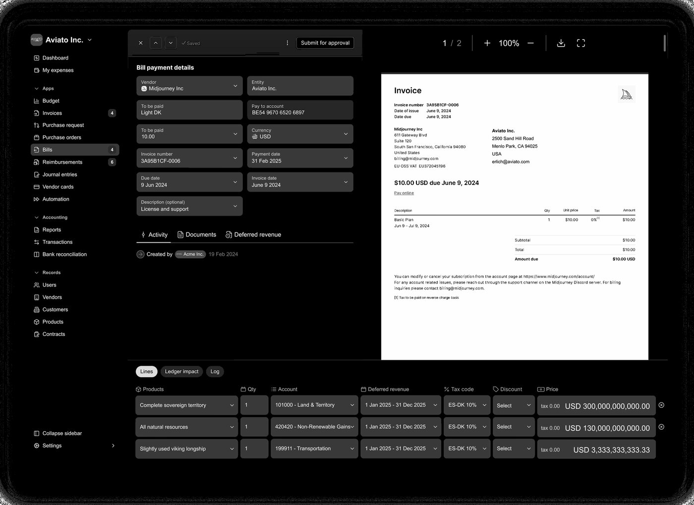 Light's bill payment screen: vendor, pay-to account, currency, and the invoice side by side