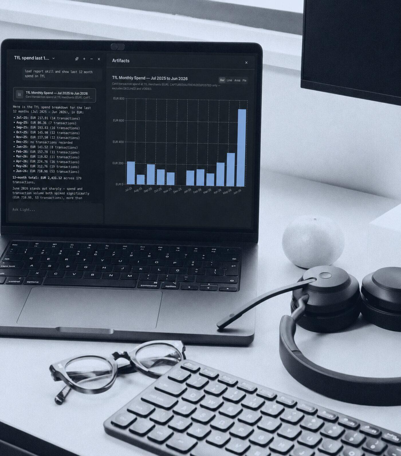 A Light spend report open on a laptop