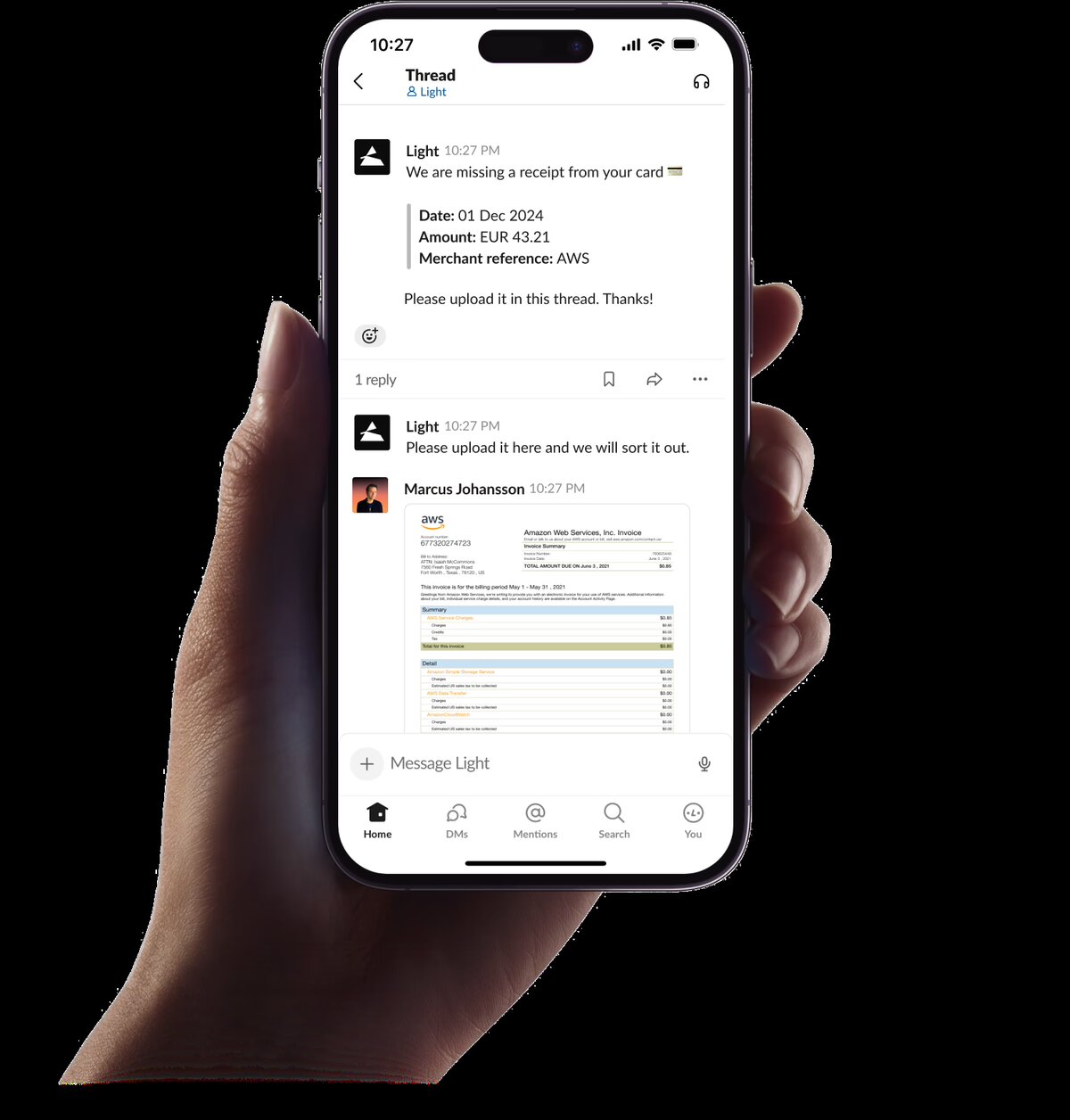 A Slack thread on a phone where Light requests a missing receipt and a teammate uploads it