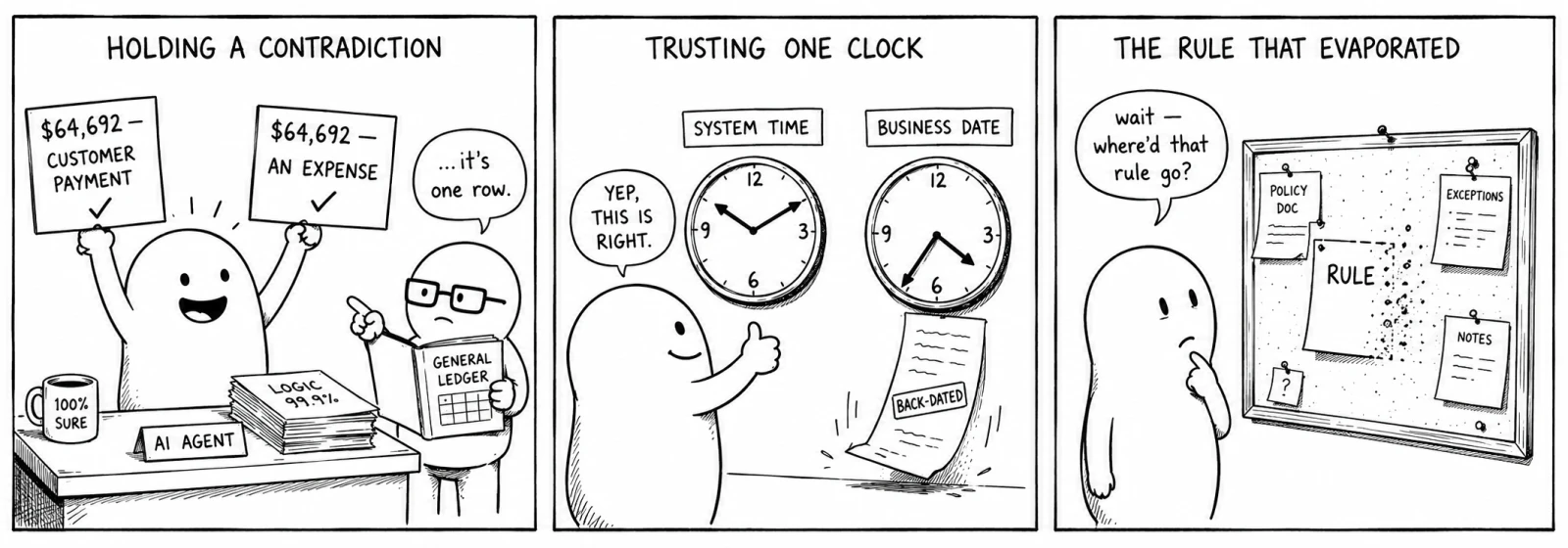 A three-panel comic. "Holding a contradiction": a grinning agent holds two signs about the same $64,692 — one "customer payment", one "an expense" — while a figure with a ledger deadpans "…it's one row." "Trusting one clock": the agent gives a thumbs-up to a clock labelled system time while a second clock labelled business date reads differently and a back-dated page slips away. "The rule that evaporated": the agent stares at a corkboard where a note labelled RULE has crumbled to dust, asking "wait — where'd that rule go?"